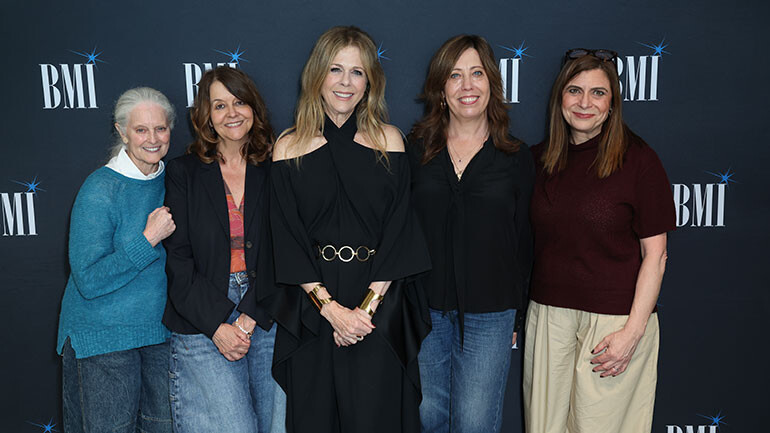 (L to R): BMI’s Barbara Cane, BMI’s Tracy McKnight, Rita Wilson, Women in Film’s Kirsten Schaffer and BMI’s Tracie Verlinde after a Q&A and performance by Wilson in support of her forthcoming album <em>Sound of a Woman</em> at BMI’s LA office on March 24, 2026.