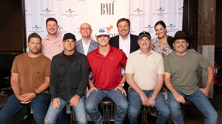 Back Row L-R: BMI’s Josh Tomlinson, BMI’s Mitch Ballard, BMI’s Mason Hunter, BMI’s MaryAnn Keen Front Row (L-R): BMI Songwriter Randy Montana, Producer (BMI) Jon Randall, Parker McCollum, BMI Songwriter Monty Criswell, BMI Songwriter Rhett Akins.
