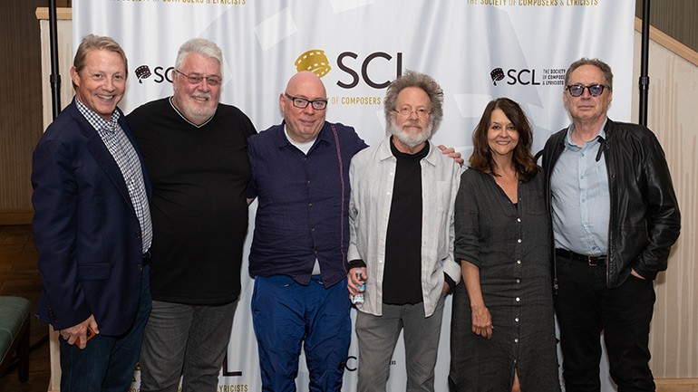 (L-R) BMI’s Clay Bradley, SCL’s Ashley Irwin, Gary Clark, Steve Dorff, BMI’s Tracy McKnight, and Mark Isham pose for a photo after “A Conversation with Steve Dorff” panel during the 2023 Nashville Film Festival at the BMI Nashville office on Friday, September 29.