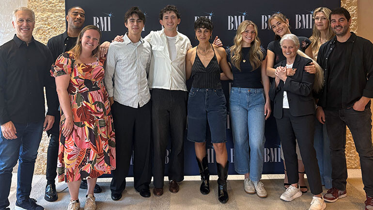 BMI’s Mike Steinberg, Jared Lane and Katie Kilgallen, 2026 Abe Olman Scholarship recipients Jack Becker, Jonah Cuddy, Chloe Southern, Camryn Quinlan and Luisa Wilson and BMI’s Barbara Cane, Samantha Cox and Timothy Pattison pose at BMI’s NYC office on June 10, 2026.