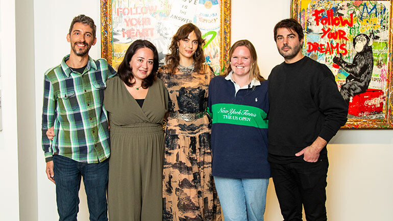 Spotify’s Greg Sieme and Talia Kraines, Hannah Cohen, BMI’s Katie Kilgallen and Timothy Pattison attend the Spotify x BMI Songwriter Mixer at Taglialatella Gallery in New York, NY on November 4, 2025.