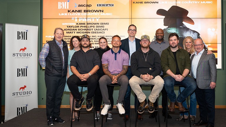 Pictured (Back Row L-R): Cyndi Forman (UMPG), Evyn Johnston (ASCAP), Dennis Reese (RCA Nashville), Ben Vaughn (Warner/Chappell Nashville), Kevin Lane (Kobalt Music), Lydia Schultz Cahill (SESAC), Michael Martin (Endurance Music Group), Shannon Sanders (BMI) (Front Row L-R): Jordan Schmidt (ASCAP), Kane Brown (BMI), Taylor Phillips (BMI), Matt McGinn (SESAC), Robin Palmer (SMACK). 