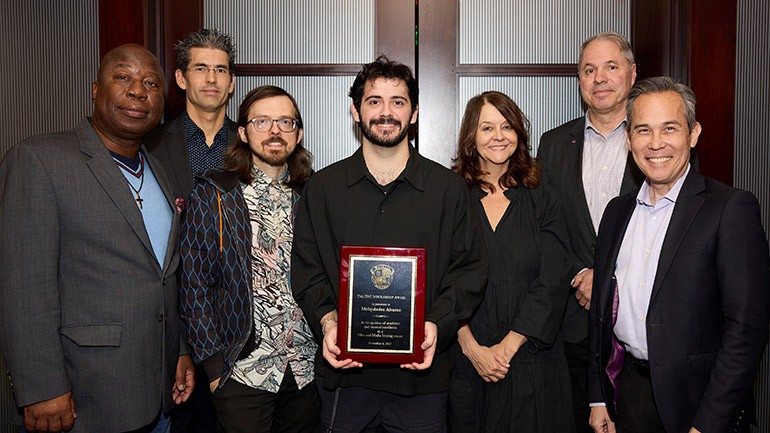 (L-R) Berklee’s Ron Savage and Sean McMahon, composer Trevor Gureckis, scholarship recipient Melquiades Álvarez Cobos, BMI’s Tracy McKnight, Berklee’s David Bogen and Jeffrey Sawada gather for a photo during the annual ‘BMI Day’ at Berklee College of Music on November 6, in Boston, Massachusetts.