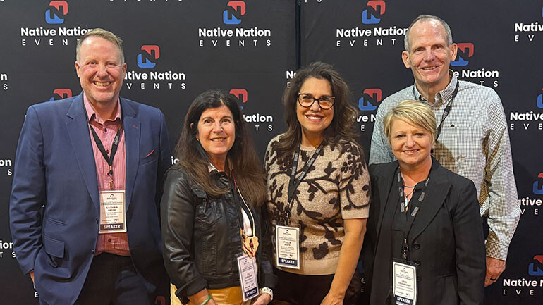 Pictured after the “Guest Experience” panel at the 17th Annual Tribal Casino Hotel Development and Innovation Conference (L to R): New Level Radio CEO Nathan Green, Hackney Furniture’s Jill Ouradnik, Lead With Allen Founder/Owner Paula Allen, Cache Creek Casino Resort VP of Hospitality Lori Tousignant, BMI’s Dan Spears.
