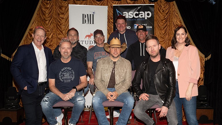 (Back Row L-R) BMI’s Clay Bradley, Producer Michael Knox (BMI), Kelley Lovelace (ASCAP), Red Street Records’ Jay DeMarcus (BMI), BMI’s MaryAnn Keen (Front Row L-R) Kurt Allison (ASCAP), Jason Aldean (BMI), Tully Kennedy (BMI).