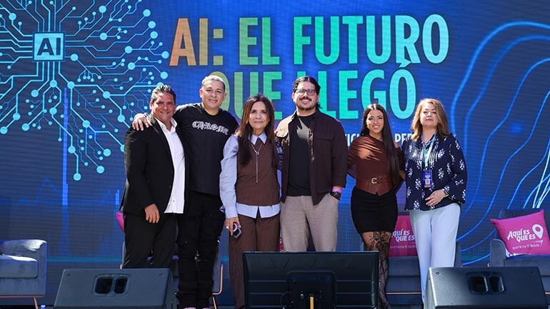 (L-R) Pedro Juan Hernández, DJ Nelson, Soraya Sánchez, Alexiomar Rodríguez, Esq., Elsa del Pino González, and BMI’s Maggie Ortiz during the “AI – The Future That Has Arrived” panel at the Tu Musica Urbano Conference on June 1, 2026, in San Juan, Puerto Rico.