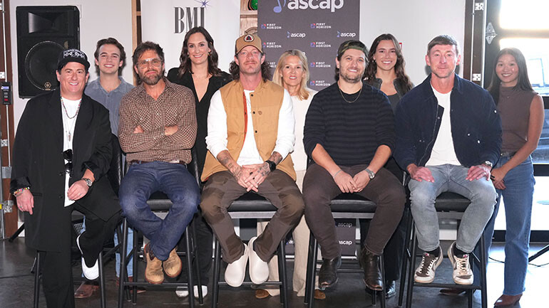“Park” Photo Back Row L-R: BMI’s Jackson Kiger, BMI’s MaryAnn Keen, BMI’s Leslie Roberts, BMI’s Claire Dodelin, BMI’s Lilly Brown; Front Row L-R: Jesse Frasure (BMI), Canaan Smith (ASCAP), Tyler Hubbard (BMI/Producer), Jordan Schmidt (Producer), Ashley Gorley (ASCAP).
