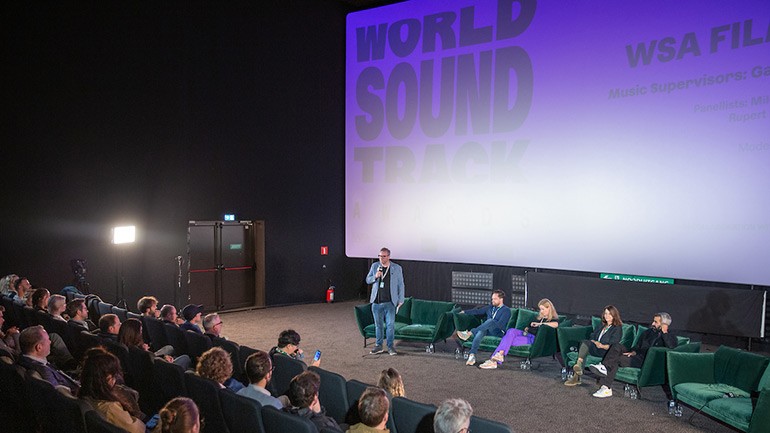 (L-R) Moderator Tommy Pearson alongside panelists Rupert Hollier, Milena Fessmann, BMI’s Tracy McKnight and Mounir Hathout onstage during the Music Supervisors: Gatekeepers or Opportunity Makers? panel on October 20th at Kinepolis Ghent in Ghent, Belgium.