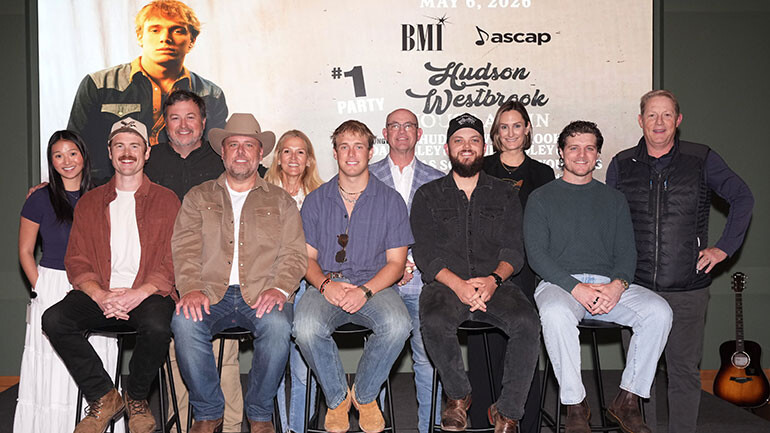 Back Row L-R: BMI’s Lilly Brown, BMI’s Mason Hunter, BMI’s Leslie Roberts, BMI’s Mitch Ballard, BMI’s MaryAnn Keen, BMI’s Clay Bradley; Front Row L-R: Ryan Youmans (Producer), Neil Medley (ASCAP), Hudson Westbrook (BMI), Dan Alley (BMI), Lukas Scott (Producer), Studio Bank’s Ron Cox.
