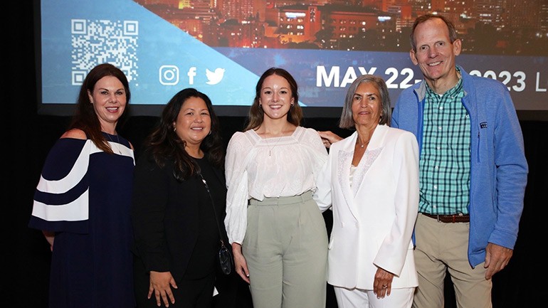 Pictured after the presentation of the first William H. Shriftman Scholarship at the 2023 MFM Conference in LA (L to R): Bill’s daughter Linda Brokaski, Lotus Communications’ CFO Jasmin Dorismond, 2023 William H. Shriftman Scholarship winner and Sinclair Broadcast Group Senior Accountant Kristen Galvarino, Bill’s wife Pam Shriftman and BMI’s Dan Spears. 