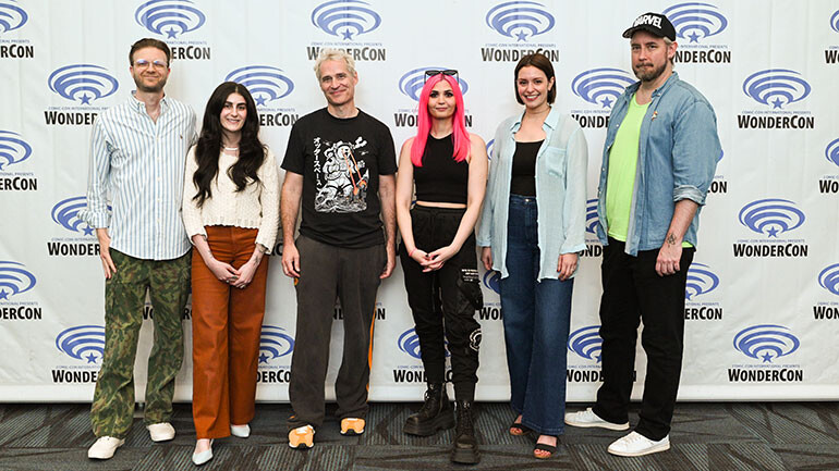 (L-R) BMI’s Louie Stephens, Kara Talve, Paul Leonard-Morgan, Tori Letzler, Stephanie Economou, and White Bear PR’s Chandler Poling before the “Storytelling Through Music: The Craft of Writing Music for Film, TV & Video Games” panel at WonderCon 2026 on March 29, at the Anaheim Convention Center in Anaheim, CA.