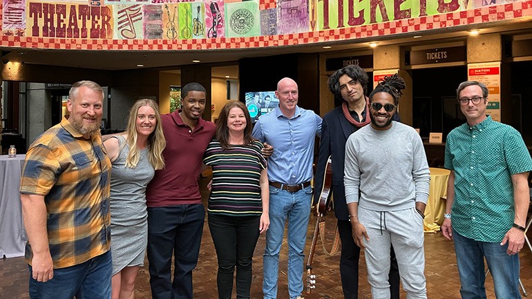 Before the band hit the stage (L-R) \: Brewers Association Event Managers Joe Damgaard and Tara Forster, Willie Barthel III, BMI’s Jessica Frost and Jack Flynn, Jerome Degey and Jay White & BMI’s Josh Lagersen.