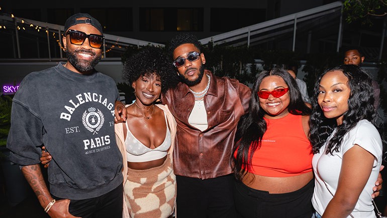 BMI’s Wardell Malloy (left) and Christopher Scott-Wallace (far right) gather with the night’s performers- Susan Carol, TA Thomas and Samyra at BMI’s Acoustic Sunset Sessions at The Mondrian Skybar in West Hollywood on Tuesday, August 15, 2023.
