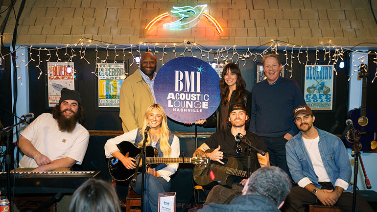 Photo Back Row L-R: BMI’s Shannon Sanders, BMI’s Claire Dodelin, BMI’s Clay Bradley; Front Row L-R: Thomas Edwards (BMI), KC Bruner (BMI), Eddie And The Getaway (BMI), Ricky Manning (BMI).