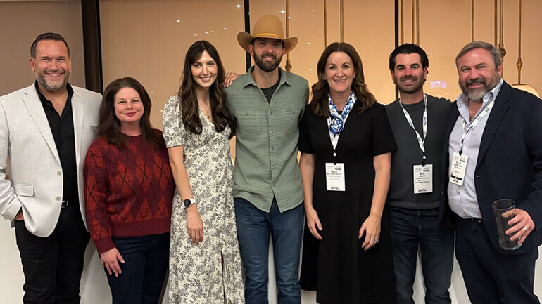 BMI singer/songwriters The Flinns were the featured entertainment at the Texas Restaurant Association (TRA) and the Texas Restaurant Foundation (TRF) Spring Board meeting reception held Sunday, February 22nd at C. Baldwin Hotel in Houston. Pictured during the event (l-r): TRA Chief Revenue Officer Joe Monastero, BMI’s Jessica Frost, BMI singer-songwriters Brittney and Max Flinn of The Flinns, TRA President & CEO Emily Williams Knight Ed.D, TRA Vice President of Strategic Initiatives Ben Knorr, and Incoming TRA Board Chair, National Restaurant Association Board Member & President & Chief Strategy Officer of El Arroyo Ellis Winstanley.