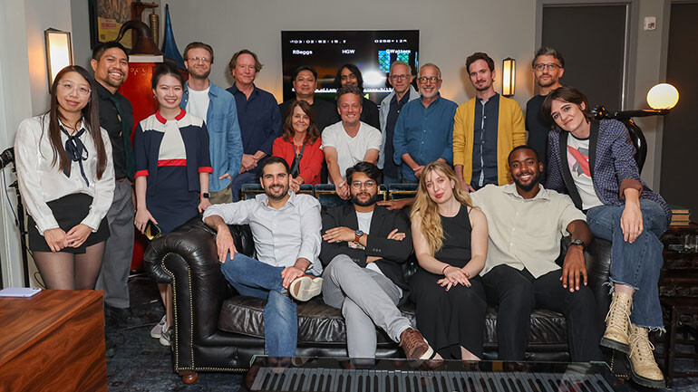(L-R, top) Catherine Nguyen, Tan Onwimon, Kaman Chang, BMI’s Louie Stephens, Adam Smalley, BMI’s Tracy McKnight, Thanh Tran, Nathan Barr, Ishaan Chhabra, Ed Shearmur, Peter Golub, Emiliano Mazzenga, Diego Ratto, (L-R, bottom) Kevin Smithers, Ishaan Tyagi, Natasha Frank, Andrew Asemokai, and Sadie Currey during the BMI Composer Lab at Bandrika Studios in Tarzana, CA.