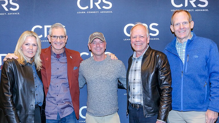 Pictured before the CRS Artist Interview with Kenny Chesney (L to R): BMI’s Leslie Roberts,  Country Radio Broadcasters Executive Director RJ Curtis,  BMI songwriter Kenny Chesney,  Townsquare Media President of Local Programming Kurt Johnson, BMI’s Dan Spears.