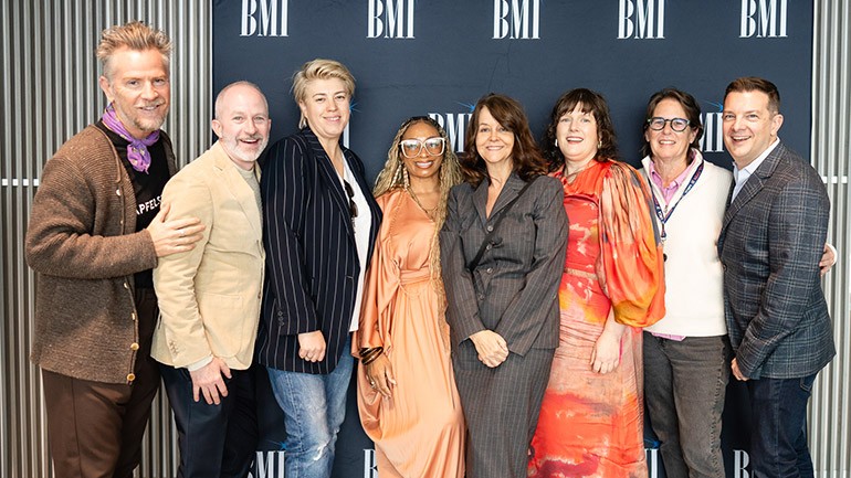 (L-R) White Bear PR’s Thomas Mikusz, Curtis Moore, Allyson Newman, Taura Stinson, BMI's Tracy McKnight, Heather McIntosh, BMI's Alison Smith, and Thomas Mizer at BMI's Emmy brunch in Los Angeles on Friday, January 5, 2024.