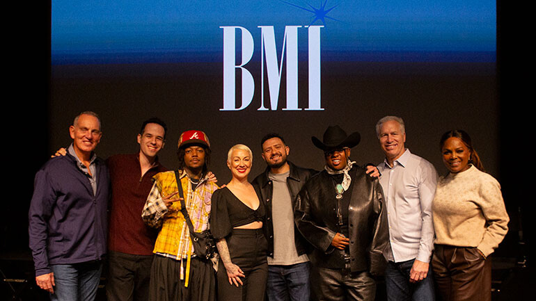 (L-R) BMI’s Mike O’Neill, Edgar Barrera, JID, Laura Veltz, Rogét Chahayed, INK, BMI’s Mike Steinberg and Catherine Brewton after BMI’s “How I Wrote That Song” GRAMMY Edition panel at The London West Hollywood on January 30, 2026.