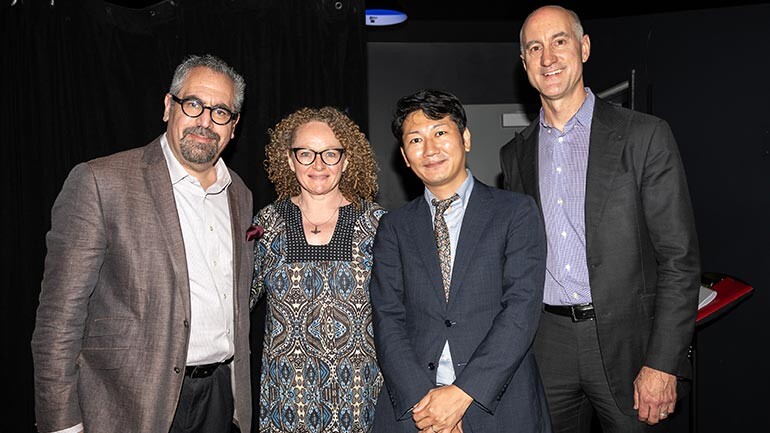BMI Jazz Composers Workshop’s Musical Director Andy Farber, BMI Foundation President and BMI’s AVP, Creative, Classical and Jazz Deidre Chadwick, 2026 Charlie Parker Prize / Manny Album Commission winner Naoya Ogura and BMI Jazz Composers Workshop’s Assistant Musical Director Alan Ferber at the 37th Annual BMI Jazz Composers Workshop Summer Showcase on June 12, 2026 at Leonard Nimoy Thalia Theatre at Symphony Space in New York City.