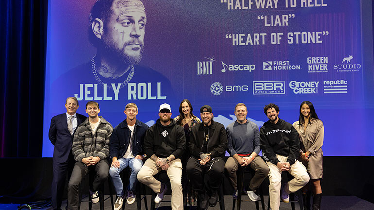 Photo L-R: BMI’s Clay Bradley, Blake Pendergrass (BMI), Ashley Gorley (ASCAP), Taylor Phillips (BMI), BMI’s MaryAnn Keen, Jelly Roll (BMI), Zach Crowell (ASCAP/Producer), Ben Johnson (BMI), BMI’s Lilly Brown.