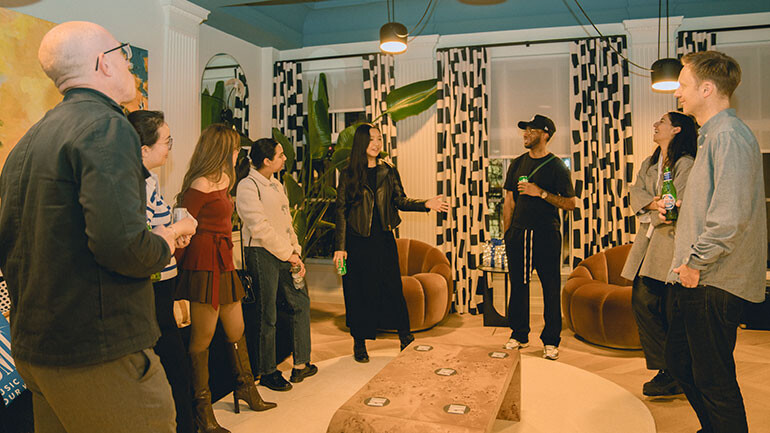 BMI’s Jon Miller, Tiffany Trinh (BMI intern), Leah Kun (BMI intern), Leyla Kumble (WME), Anu, Dwayne Stewart (Lionbear Music Group), Sophia Gripari (songwriter) and Hamish Duff (First Artists Management) at BMI London’s holiday mixer.