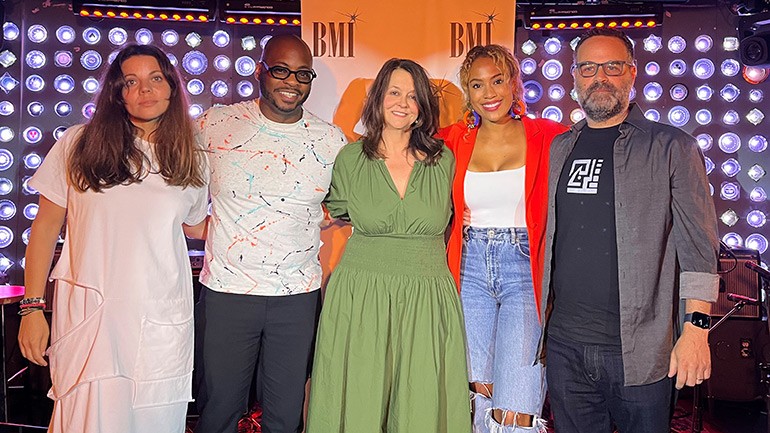 (L-R) Composers Anna Dubrich, Jongnic Bontemps, Meredith Ezinma Ramsay and Gil Talmi pose with BMI’s VP, Film, TV & Visual Media Tracy McKnight (center) following their panel on Sunday, June 11th at Baby’s All Right.