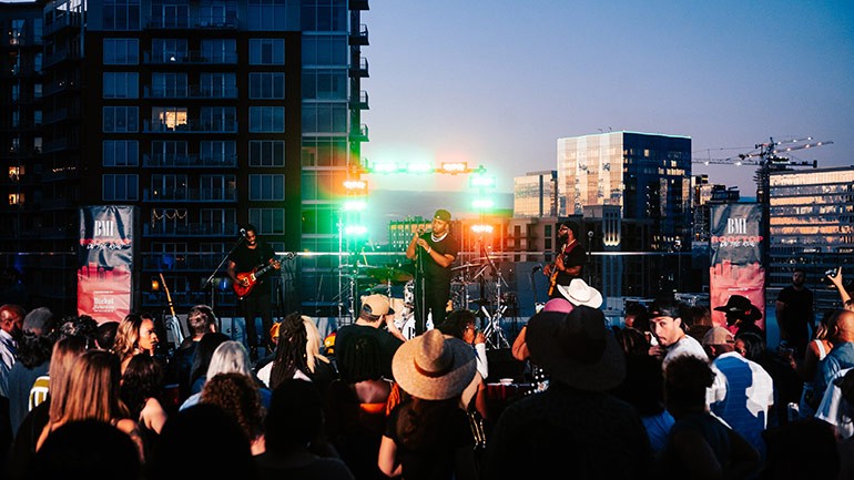 BMI singer/songwriter RVSHVD headlines BMI’s Rooftop on the Row series atop the Nashville office as the evening celebrated 50 years of hip-hop. 