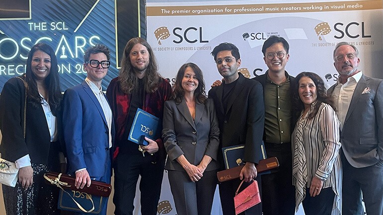 (L-R:) BMI’s Reema Iqbal, Ryan Lott, Ludwig Göransson, BMI’s Tracy McKnight, Rafiq Bhatia, Ian Chang, BMI’s Barbara Quinn, and Michael Crepezzi at SCL’s pre-Oscar reception.