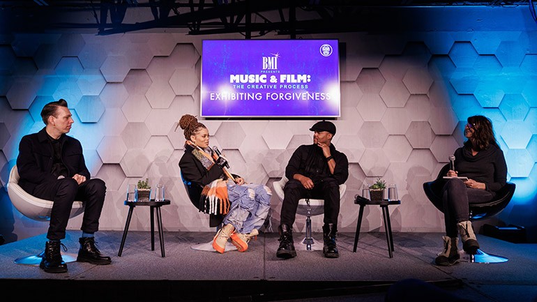 Jherek Bischoff, Andra Day, Titus Kaphar and BMI’s Tracy McKnight onstage during the “Music & Film: The Creative Process” panel held at The Box at The Ray on January 22nd during the 2024 Sundance Film Festival in Park City, UT. 