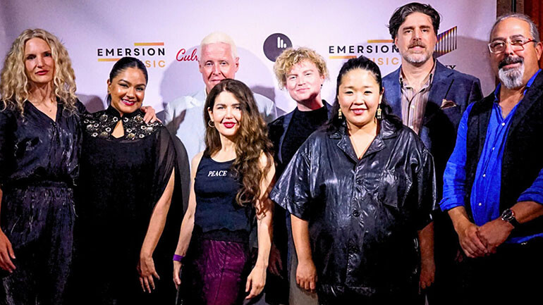 (L-R) Genevieve Vincent, Raashi Kulkarni, Paul Cantelon, Lili Haydn, Emer Kinsella, Shirley Song, Jeff Toyne, and Tree Adams at the Emersion Music Concert at the Kirk Douglas Theatre in Culver City, CA on August 21.