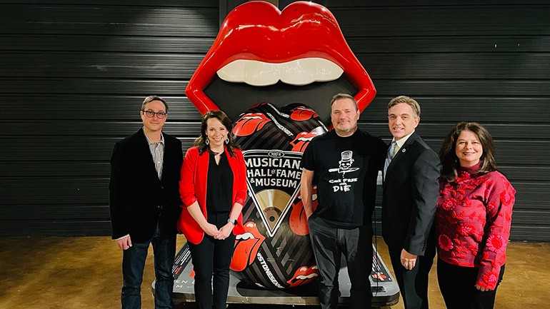 Pictured during the event (L-R): BMI’s Josh Lagersen, Tennessee Hospitality & Tourism Association CEO & President Sara Beth Urban, BMI singer-songwriter Dylan Altman, Tennessee Department of Tourist Development Commissioner Mark Ezell, and BMI’s Jessica Frost.